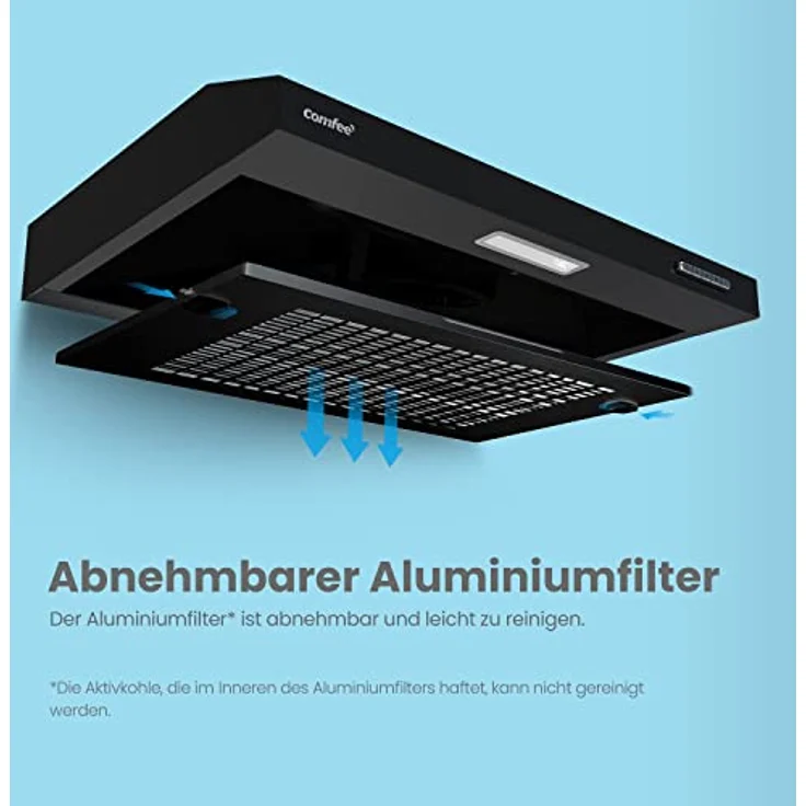 COMFEE' CHU 3.6F17BB 60cm Unterbauhauben Dunstabzugshaube Unterbau mit Edelstahl, abnehmbarem Aluminiumfilter, 200m³/h Luftstrom, 2 Stufen, 1 LED-Licht, Schwarz – Bild 4