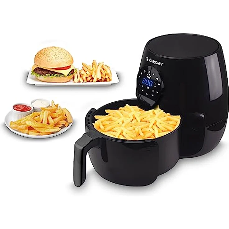 Beper P101FRI050 Heißluftfritteuse, 1450 Watt, 5 Liter, Thermostat bis 200 °C, Timer, Display, Kunststoff, schwarz – Bild 2
