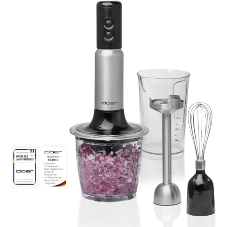 Cloer SB3010 Stabmixer 4-in-1 mit Pürierstab, Zerkleinerer & Schneebesen, 10 Geschwindigkeitsstufen, 700 Watt, Edelstahlgehäuse, spülmaschinengeeignet