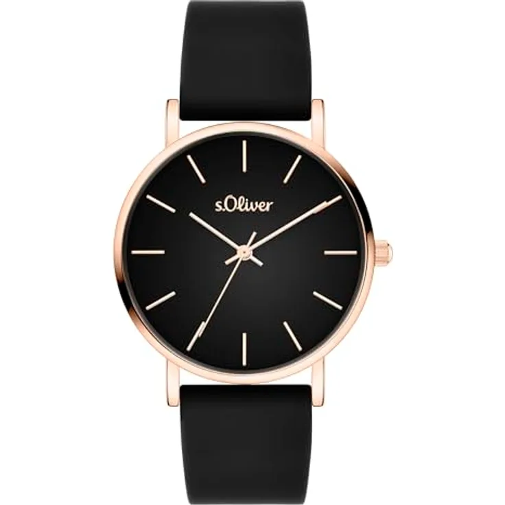 s.Oliver Damen Analog Quarz Armbanduhr SO-4183-PQ, 36 mm Metallgehäuse, schwarzes Silikonarmband, kratzunempfindliches Mineralglas, wasserdicht bis 3 ATM