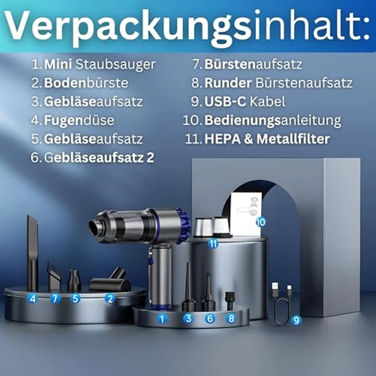 Steinborg® Handstaubsauger Akku 7in1, kabellos mit Blasfunktion, Saugkraft 16000Pa, LED Licht, 7 Aufsätze, ideal für Tierhaare, ultra-leise unter 60 dB – Bild 4