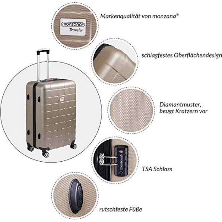 Monzana® Kofferset Exopack 3-teilig TSA Schloss Aluminium Teleskopgriff Gel-Griffe 210D Polyester ABS Hartschale Standfüße Koffer Trolley Champagner – Bild 3