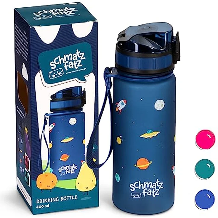 schmatzfatz Kinder Trinkflasche 400ml, Sport für Schule Kindergarten, 1-Klick Verschluss, Geschmacksneutrale Wasserflasche, Auslaufsicher mit Fruchteinsatz, BPA-Frei – Bild 1