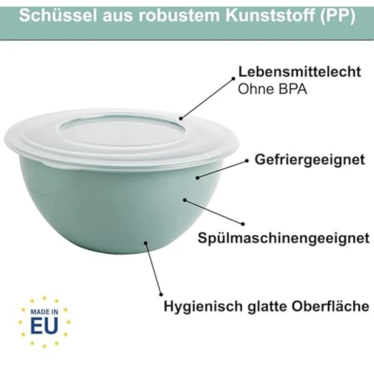 2friends SUSTANIA Schüssel Modell Green, 5L mit Deckel im 2er Set, BPA-freies PP, Ø 28 cm, vielseitig als Salatschüssel und Rührschüssel – Bild 3