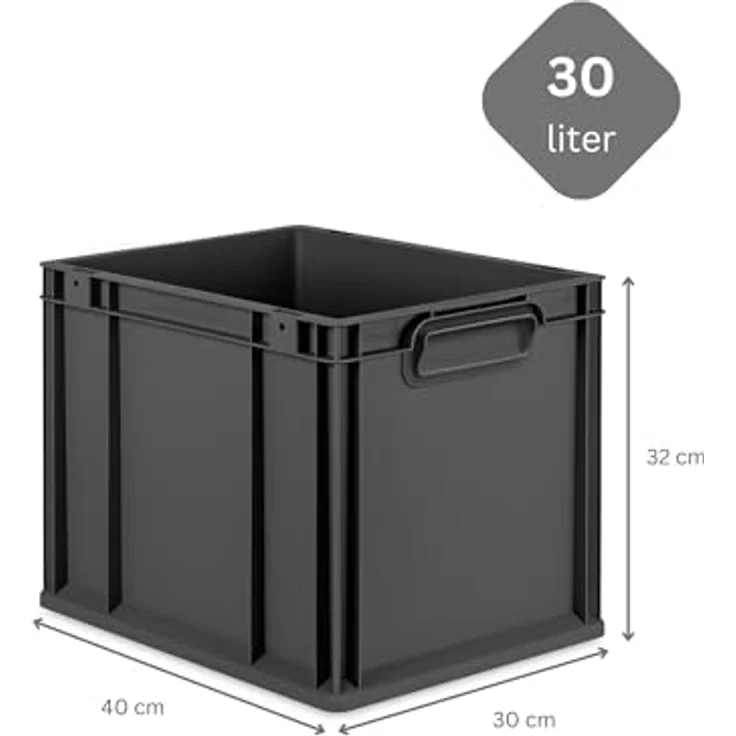 PROREGAL Eurobox NextGen Grip, SparSet 5x mit Auflagedeckel & 4 roten Schiebeschnappverschlüssen, 30L, Schwarz, HxBxT 32x30x40cm, robust, stapelbar, umweltfreundlich – Bild 3