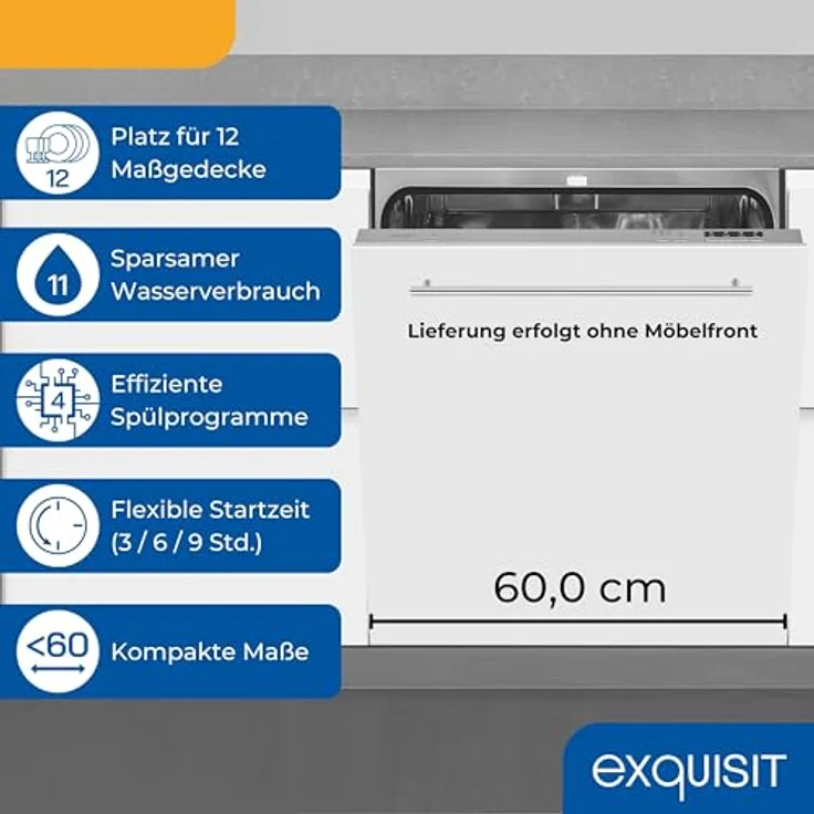 Exquisit EGSP56012-E-030E, vollintegrierter Einbaugeschirrspüler 60cm, 12 Maßgedecke, 11 Liter Verbrauch, 4 Spülprogramme, ECO-Modus, silber – Bild 3