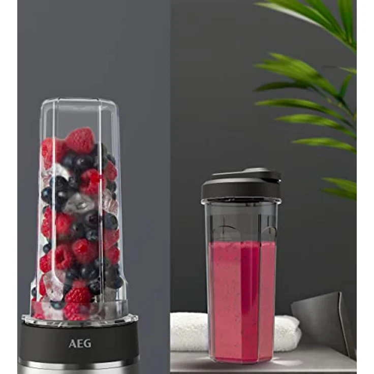 AEG MiniMixer SB4-1-4ST Standmixer / 350 W-Motor / 23.000 U/Min / 2 spülmaschinen- und bruchfeste 600 ml Trinkflaschen / 4-Klingen Messer / Drehregler / BPA-frei / Pulse-Taste / gebürstetes Edelstahl – Bild 4