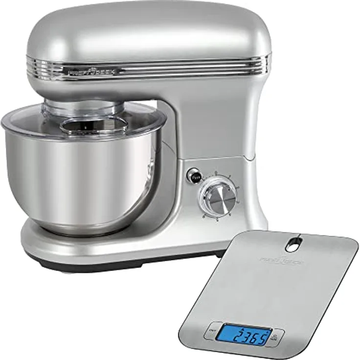 ProfiCook PC-KM 501222 W Küchenmaschine, 1200 Watt, 5 Liter Edelstahlschüssel, inkl. digitale Küchenwaage, bis 5000 g, Edelstahl