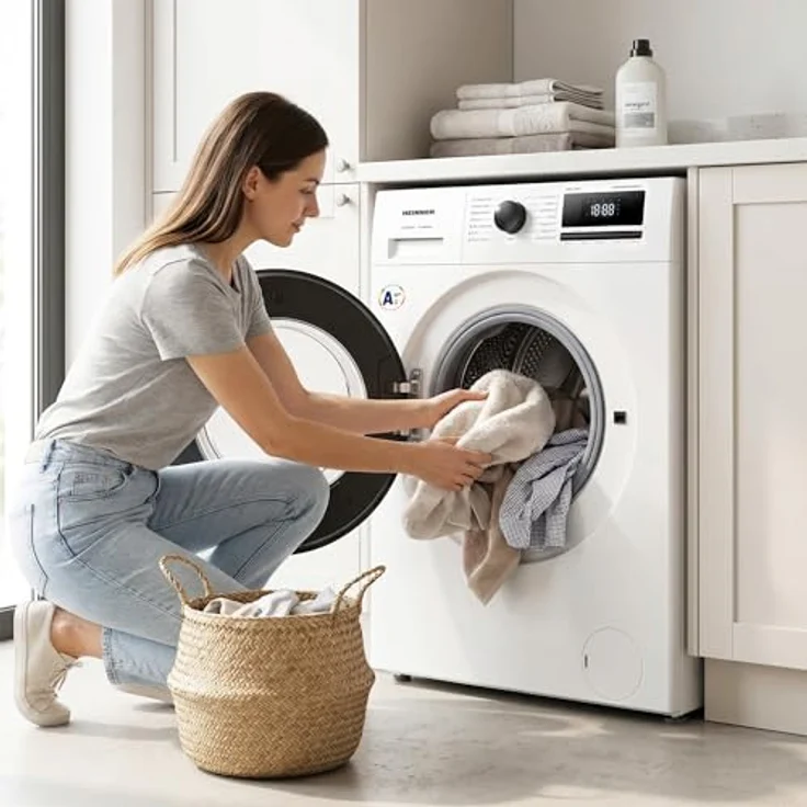 Heinner HWM-HME1014IVA10+++, Frontlader Waschmaschine, 10 kg Kapazität, Energieeffizienzklasse A, 1400 U/min, Weiß mit schwarzer Tür – Bild 9