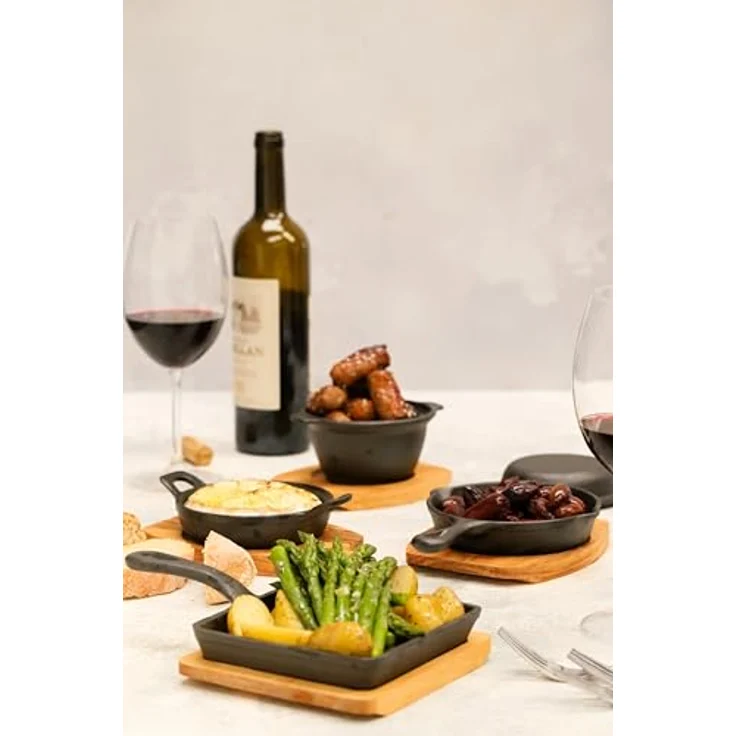 Artesà Miniatur Gusseisentopf mit Holzbrett, induktionsfähig, rund, für Tapas und Gratins, schwarz (6,4 x 4,9") – Bild 5