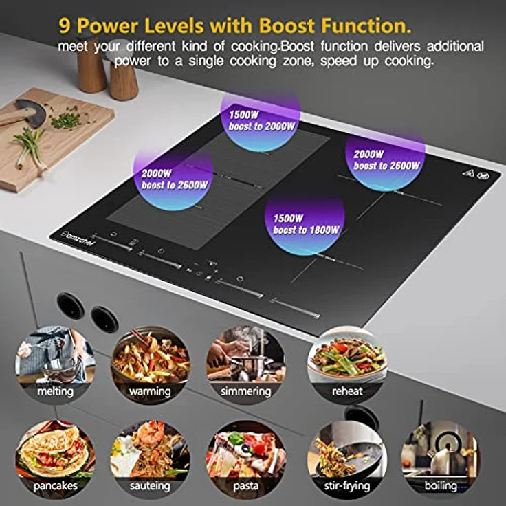 AMZCHEF Induktionskochfeld 60cm mit Flexzonen für BBQ, 4 Boost-Zonen, 9 Stufen, 7400W, Touchscreen - Schwarz – Bild 2