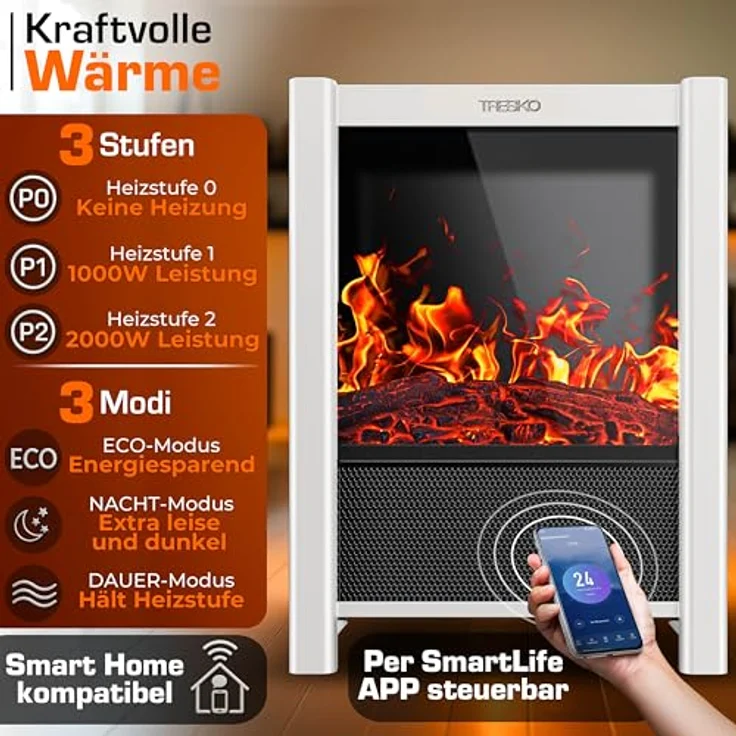 TRESKO Elektrokamin TRESKO® mit 2000W Heizung, Fernbedienung & WiFi App, LED-Flammeneffekt, LCD-Display, 3 Heizmodi – Bild 4