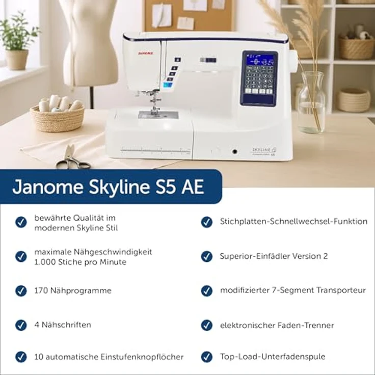 Janome Skyline S5 Anniversary Edition Nähmaschine, mit elektronischer Fadenschere und Nadelpositionsspeicher – Bild 2