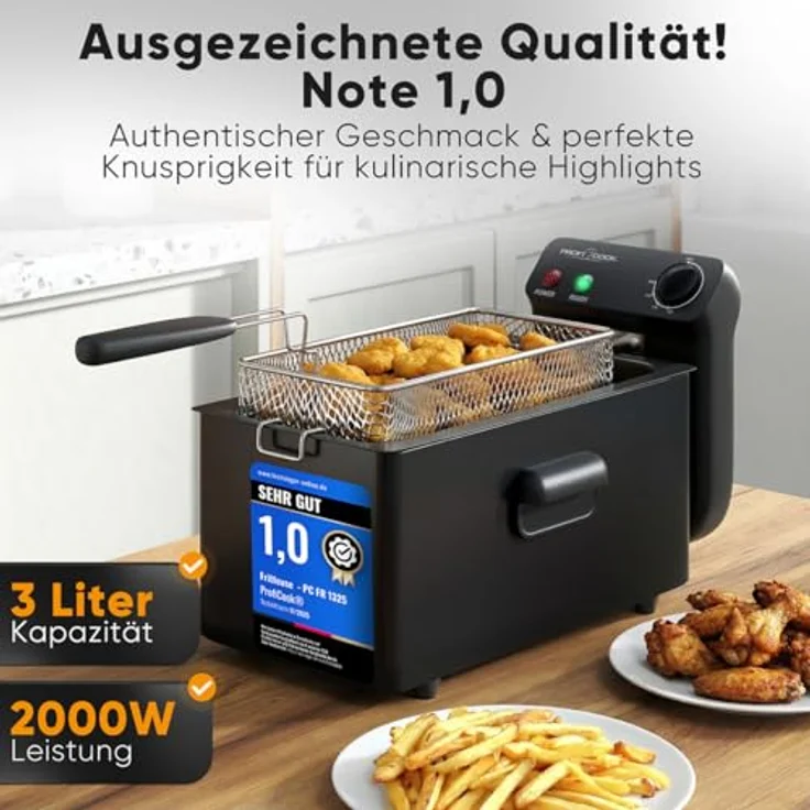 ProfiCook® PC FR 1325, Kaltzonen-Fritteuse mit 2000W, 3L Kapazität, temperaturregulierbar von 130-190°C, spülmaschinengeeignete Teile, Spritzschutz-Deckel – Bild 2
