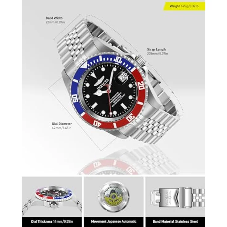 Invicta Pro Diver Automatikuhr, Edelstahl Herren Armbanduhr mit schwarz Zifferblatt, 42mm, 20 bar wasserdicht – Bild 3