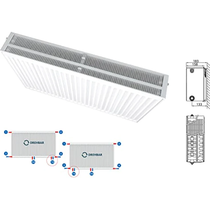 Belrad Heizkörper Mittelanschluss Kompakt & Ventilheizkörper Typ 33 400x1800 & Halter & Ventil, RAL9016 (reinweiß) – Bild 1