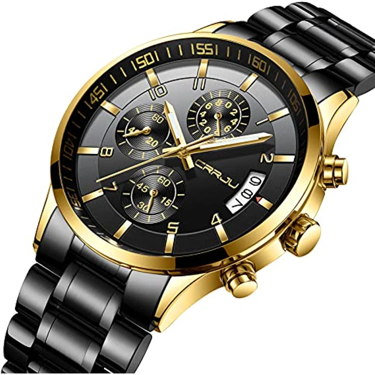 CRRJU Herren Armbanduhr Chronograph mit wasserdichtem Edelstahlarmband, analoges Quarzwerk, automatischer Kalender, Schwarz-Gold – Bild 2