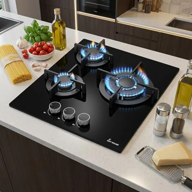KKT KOLBE G453G, 45 cm autarkes Gaskochfeld, 6,2 kW, 3-flammig mit Wok-Zone, stufenlos regelbar, rahmenlos, gusseiserne Topfträger, Glas Oberfläche, für Propangas und Erdgas – Bild 3