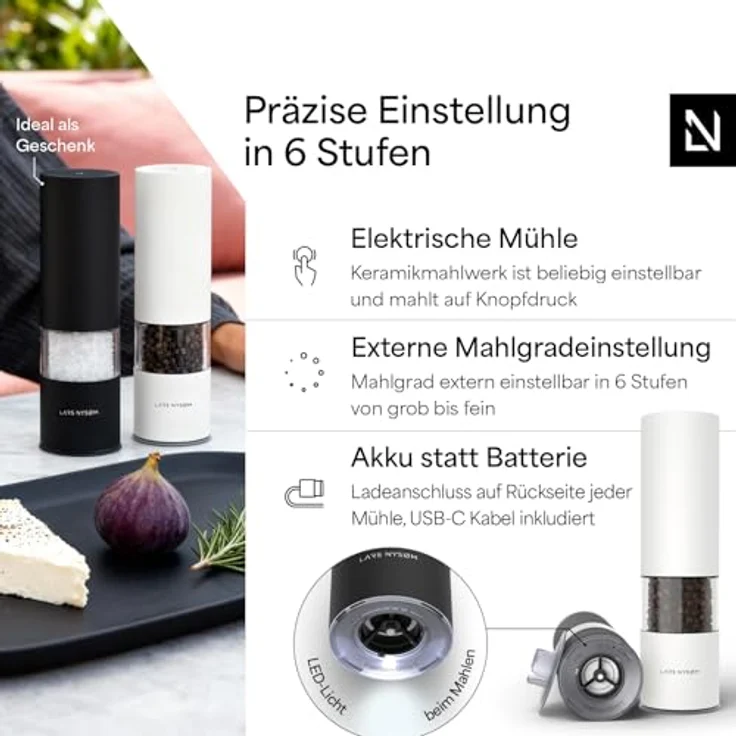 LARS NYSØM Gewürzmühle Stød, elektrische Salz- und Pfeffermühle mit LED-Licht, 2 Stück, Edelstahl, einhandbedienbar – Bild 2