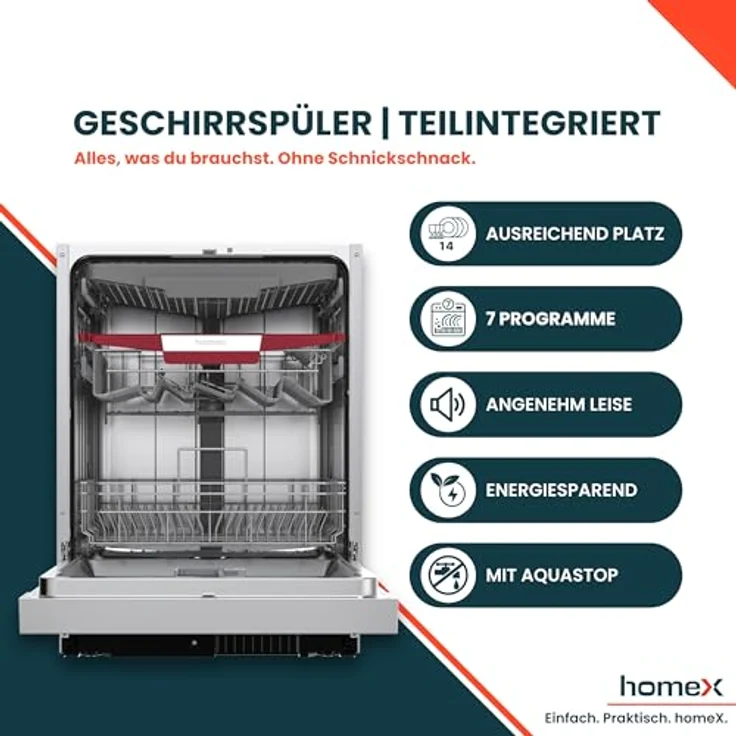 homeX DWSI601444C Geschirrspüler 60 cm, teilintegrierbare Spülmaschine für 14 Maßgedecke, 7 Programme, AquaStop, 44 dB, Edelstahl-Innenraum – Bild 2