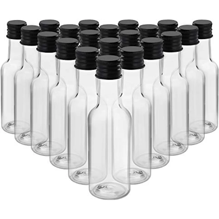 Belle Vous Mini Fläschchen Kunststoff Likörflaschen 24 Stk - 50ml, Plastik Wiederverwendbar, leere kleine Schnapsflaschen mit Schwarzem Deckel u. Trichter für Hochzeiten,Party, Kunst, Events – Bild 3