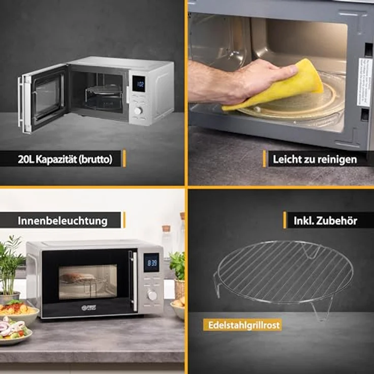 TZS FIRST AUSTRIA Mikrowelle FA-5002-3 mit Grill, Standgerät, 20 Liter Garraum, 700 Watt, Edelstahl, silber – Bild 4