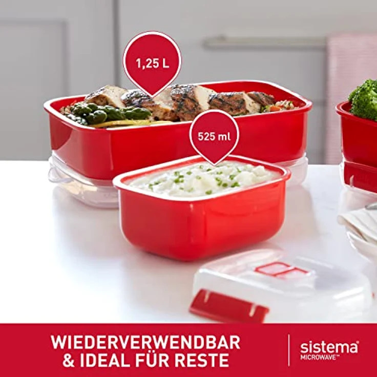 Sistema Microwave-Heat & Eat Frischhaltedosen Set, 4 rechteckige Mikrowellen-Vorratsdosen mit Deckeln (2 x 1,25 l + 2 x 525 ml), verschließbare Clips und Belüftungsventile, BPA-frei – Bild 5