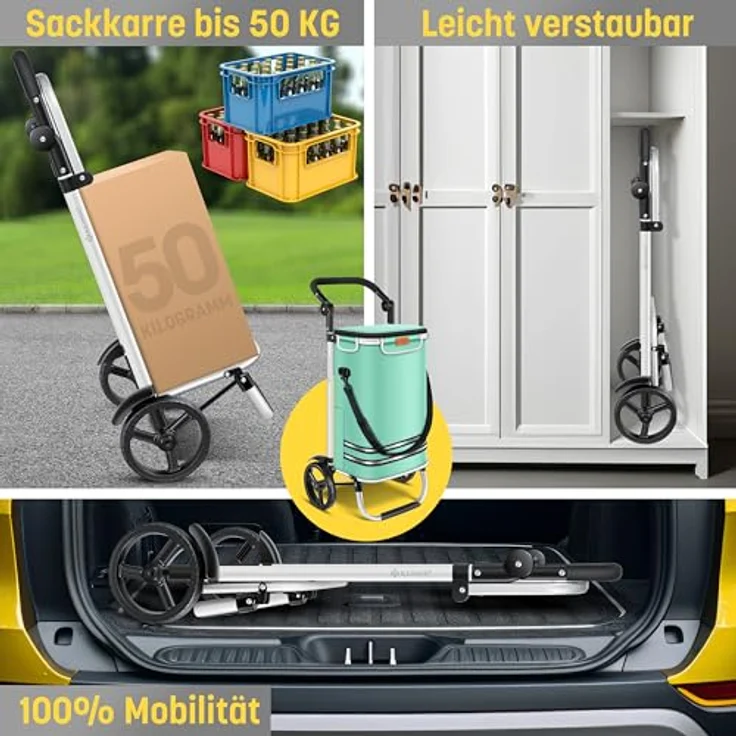 KESSER® Einkaufstrolley klappbar mit 56L Kapazität und belastbar bis 50kg | 3in1 Trolley Sackkarre & Umhängetasche | Faltbarer Einkaufswagen inkl. Kühlfach & Einkaufschip | Treppensteiger Mint Grün – Bild 3