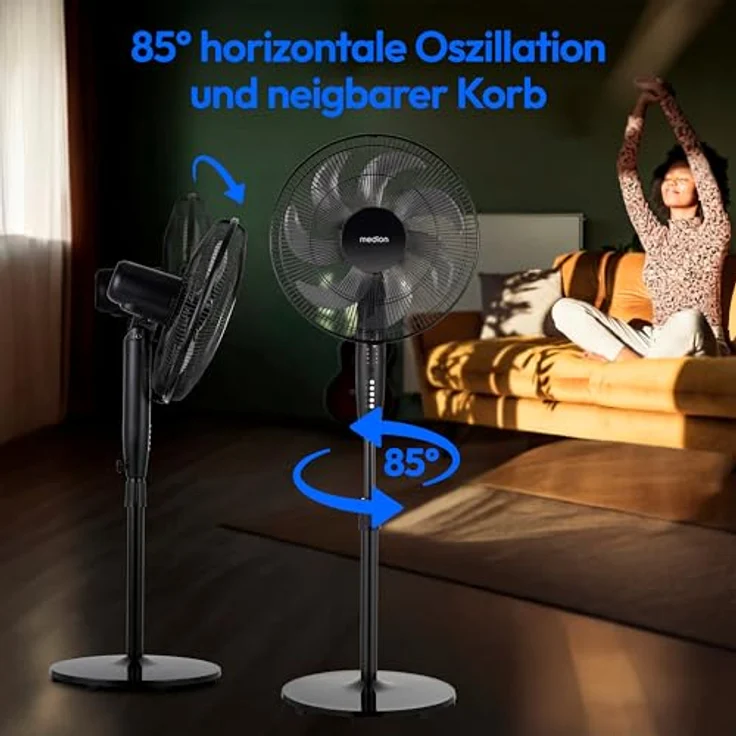 MEDION P21 SF Standventilator, 50 Watt, höhenverstellbar bis 130 cm, 3 Geschwindigkeiten, leise, mit Fernbedienung, Timer und Oszillation, schwarz – Bild 5