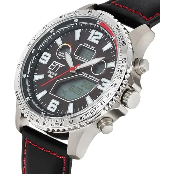 ETT Eco Tech Time EGT-11718-22L, Funk Solar Herren Uhr Analog mit Titangehäuse, schwarzem Lederarmband und wasserdicht bis 10 Bar – Bild 2