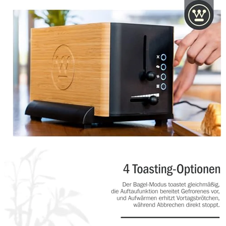 Westinghouse Bambus Toaster 2 Scheiben mit Brötchenaufsatz, 6 Bräunungsstufen, Krümelschublade, 1400 Watt, Bambus-Design. – Bild 5