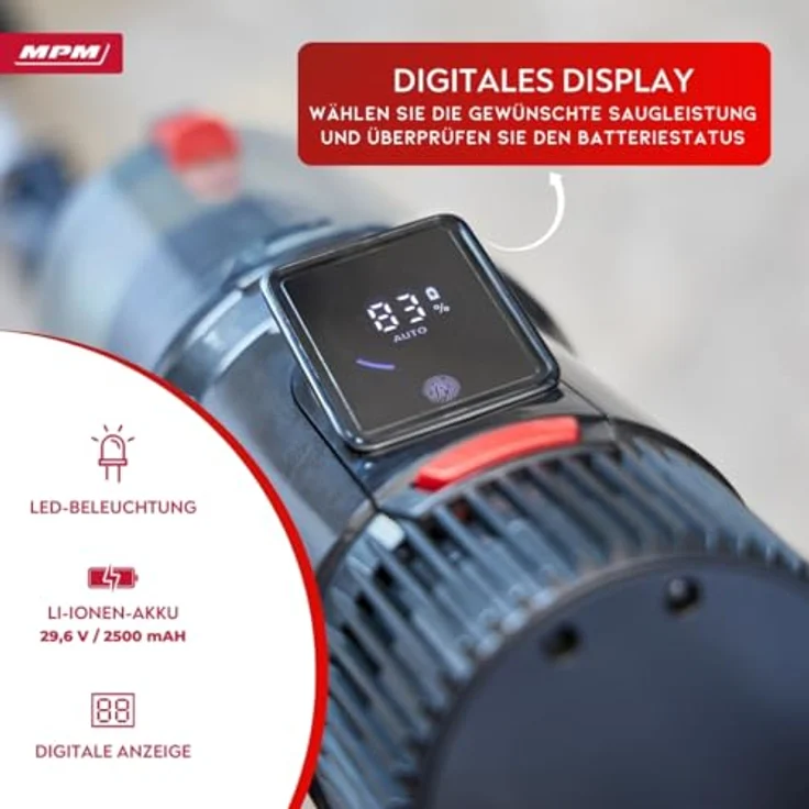 MPM Akku-Stielstaubsauger mit Digitaldisplay & Handstaubsauger 29,2V/250W - Intelligenter Staubsensor - Akku Staubsauger Kabellos - Staubsauger ohne Beutel - Inkl. Wandbefestigung System & Zubehörset, Silber – Bild 2
