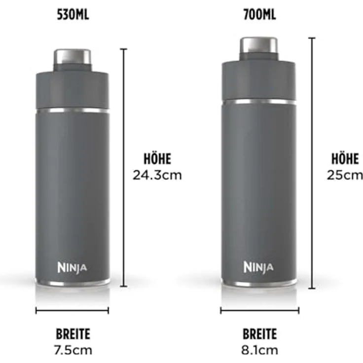 Ninja Thirsti Wasserflasche/Thermobecher to go, 530 ml, dreifach isolierte Reiseflasche, auslaufsicherer Deckel, für heiße & kalte Getränke, Edelstahlflasche, Grau – Bild 5