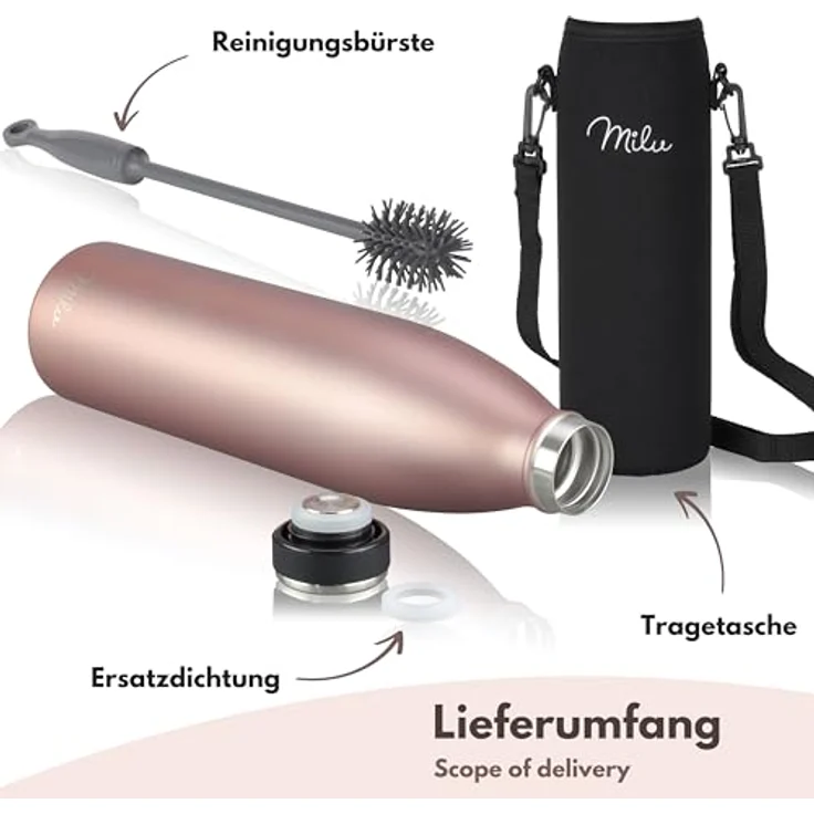 Milu Edelstahl Trinkflasche 750ml, doppelwandige Isolierflasche in Rose Gold, auslaufsicher und kohlensäuregeeignet – inkl. Reinigungsbürste – Bild 5