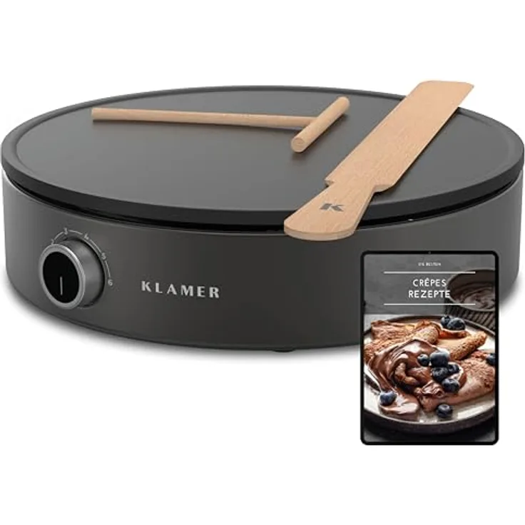 KLAMER Crepes Maker, Große Backfläche mit 33cm Ø, antihaftbeschichtete Platte, inkl. Teigverteiler und Wender aus Holz, Crepes Eisen für Crepes, Pancakes & Tortilla, 1500W