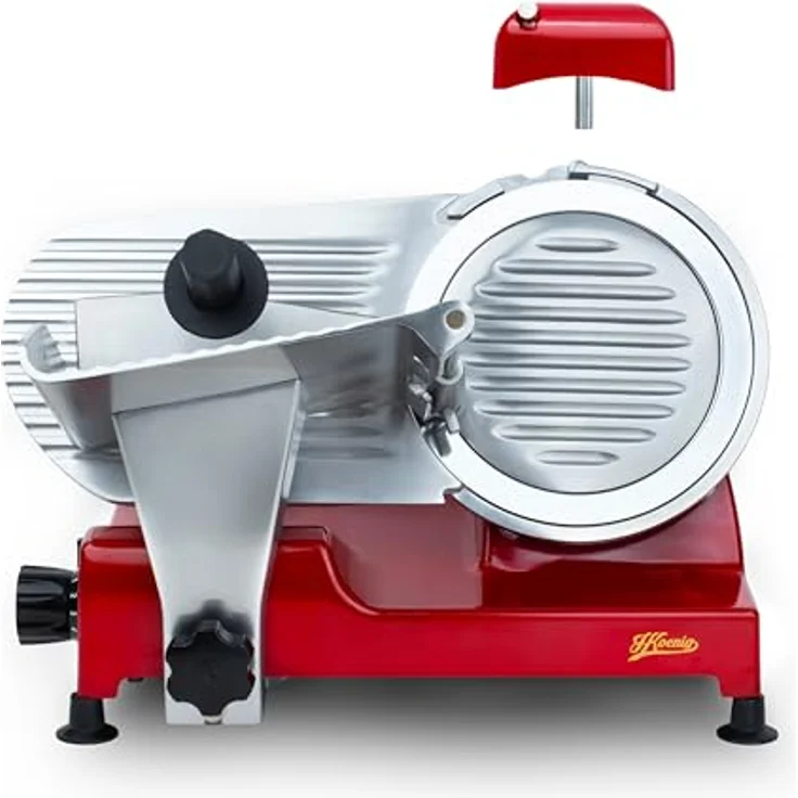 H.Koenig Elektrischer Aufschnittmaschine MSX224, italienische Klinge 20 cm, Schnittstärke 0-12 mm, integrierter Messerschärfer, 282 U/min, rot – Bild 4