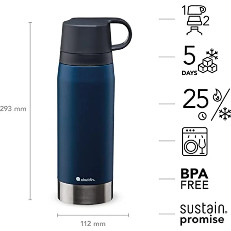 Aladdin CityPark Thermavac Twin Cup Bottle 1.1L Navy Blue – BPA-freie Edelstahl-Flasche mit integriertem Doppelbecher, hält Getränke 25 Stunden warm oder kalt, auslaufsicher, spülmaschinenfest – Bild 4