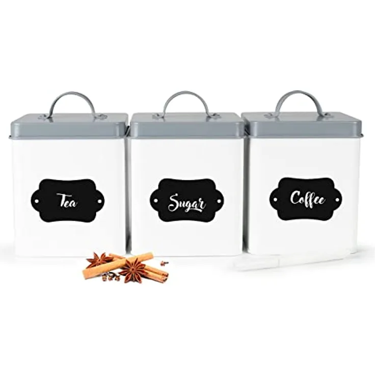 Sendez 3er Set Vorratsdosen aus Metall, Aufbewahrungsbehälter mit Tafelfeld, Weiß, 1,5 Liter, für Tee, Zucker, Kaffee und mehr