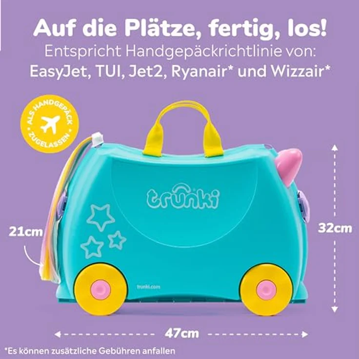 TRUNKI Handgepäck Und Kinderkoffer zum Draufsitzen | Kinder Risen Geschenk für Mädchen Und Jungen | Trolley Una Unicorn (Blaugrün) – Bild 2