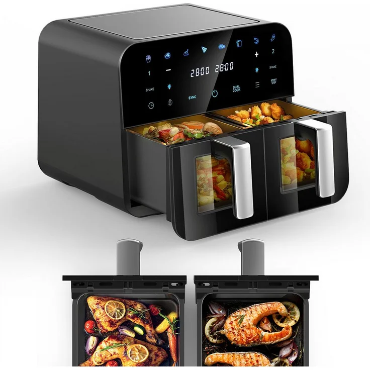 oyajia Heißluftfritteuse RA930DSV XXL, 9L mit 2 Garkammern, 2600W, Touch Display, Sichtfenster, 8 Automatikprogramme, gesundes Frittieren mit 85% weniger Öl