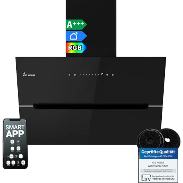 KKT KOLBE ECCO6005SM Dunstabzugshaube 60 cm, 782 cbm/h Umluft Abluft, kopffrei, Wandhaube, Schwarz Glas, Smart WiFi App, RGBW-LED-Beleuchtung – Bild 1