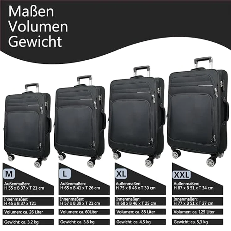 MY TRAVEL BAG Stoff Reisekoffer Trolley Erweiterbar mit Zwillingsrollen, 3er Set, Schwarz – Bild 3