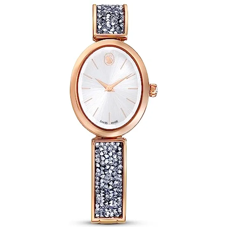 Swarovski Crystal Rock Oval Damenuhr, roségoldfarbene Uhr mit Zifferblatt in Greige, Swarovski Kristallen und verstellbarem Metallarmband