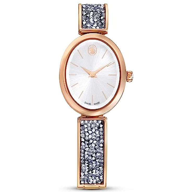 Swarovski Crystal Rock Oval Damenuhr, roségoldfarbene Uhr mit Zifferblatt in Greige, Swarovski Kristallen und verstellbarem Metallarmband – Bild 1