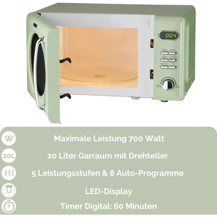 PKM WOLKENSTEIN Mikrowelle WMW720, Retro, Standgerät, 700 Watt, grün, 20 Liter Garraum, 8 Automatik-Programme, Drehteller, 60 Min Timer, Kindersicherung – Bild 2