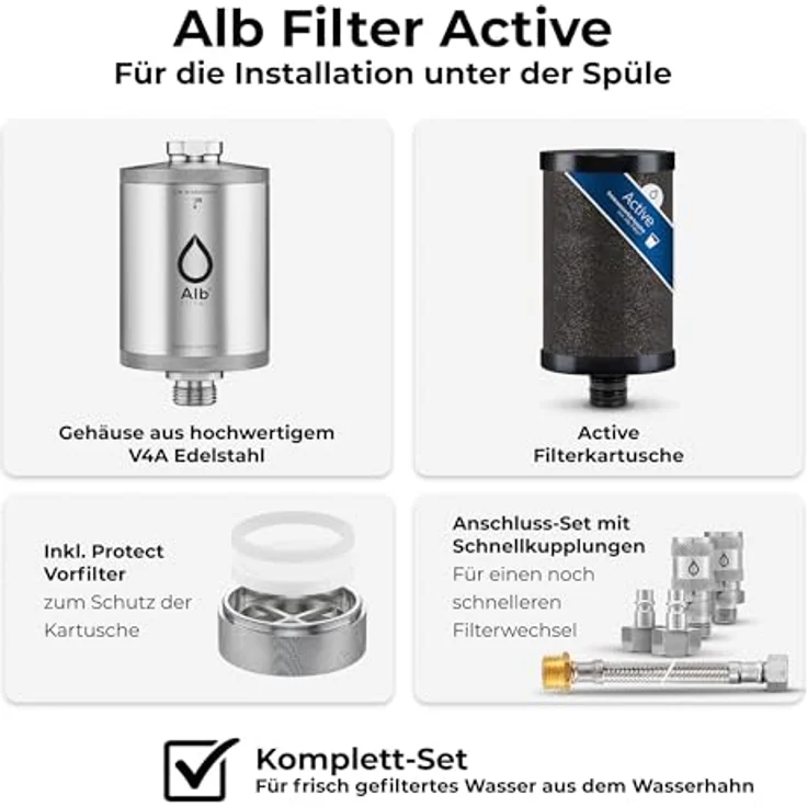 Alb Trinkwasserfilter Active, Wasserfilter mit Edelstahlgehäuse und Aktivkohlepatrone zur Schadstoffreduktion – Bild 3
