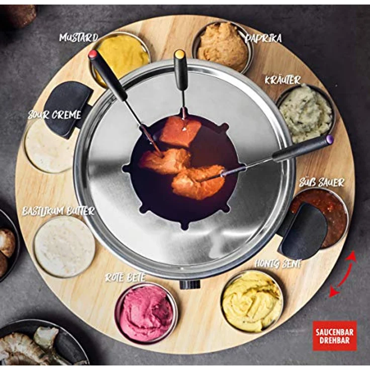 GASTROBACK 42566 Fondue Set, praktischer Drehteller mit 8 Edelstahl-Saucenbehälter Stufenlos regelbar von 40°C bis 190°C, 1.000 Watt, 1000, Antihaftbeschichteter Topf, schwarz, silber – Bild 5