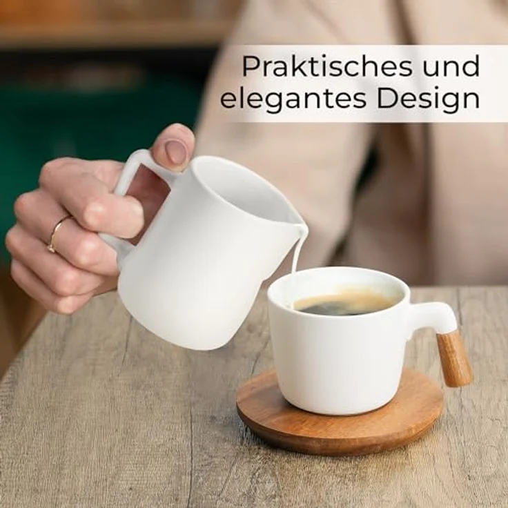 MIAMIO Milch und Zucker Set, Keramik Milchkännchen mit Holzdeckel und Löffel, mikrowellen- und spülmaschinenfest, Weiß – Bild 4