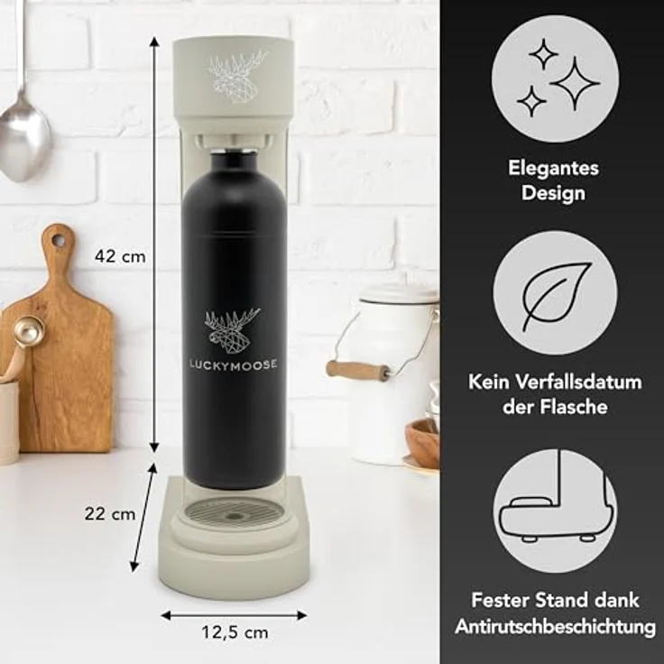 Luckymoose Infinity Wassersprudler mit 2x 1,25L spülmaschinenfesten Edelstahlflaschen – CO₂-sparende Sprudelwasser Maschine im extraflachen Design – Bild 2