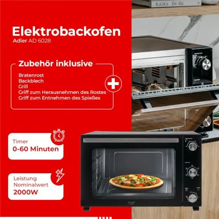 Adler Minibackofen AD 6028, 60L Elektrobackofen mit Umluft und Drehspieß, schwarz – Bild 7